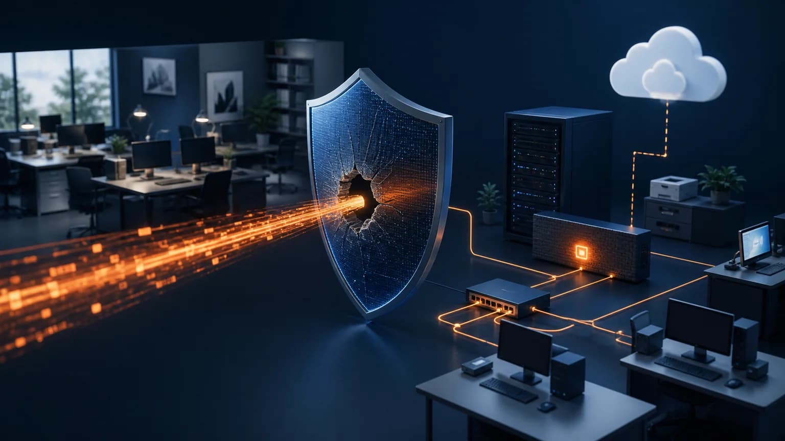 Business network protected by a digital shield with an exposed software vulnerability