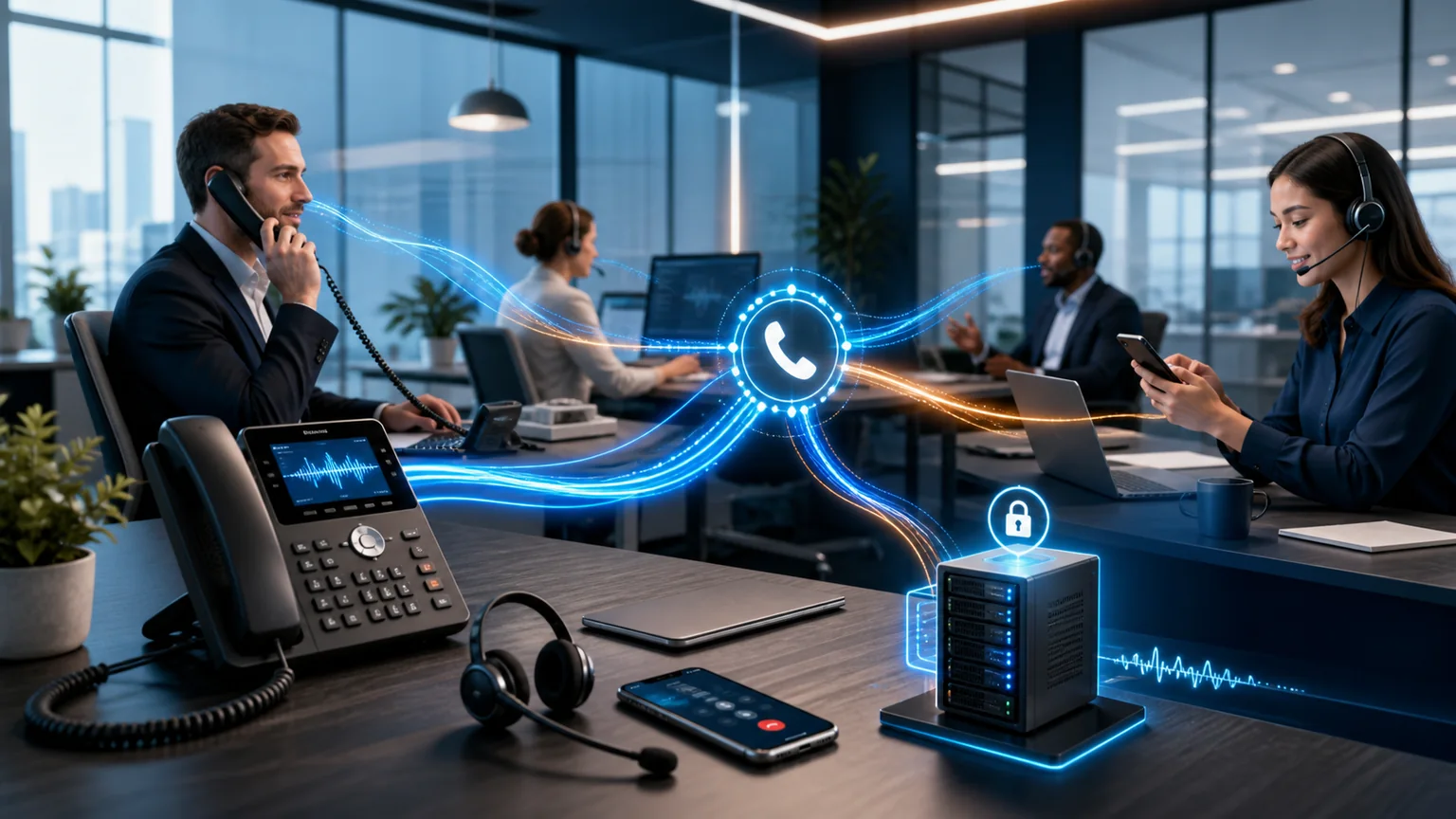 Business calls routed intelligently across desk phones, headsets, mobile devices, and a private server