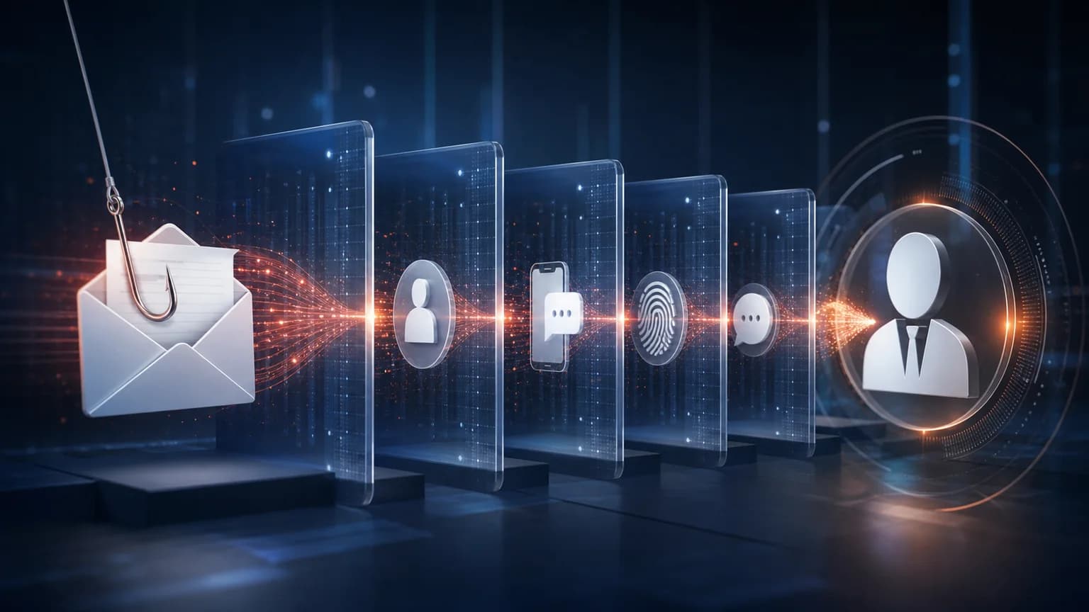 Phishing message passing through deceptive identity verification layers toward a business account