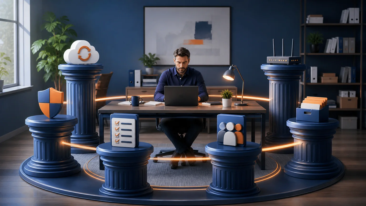 Small business owner surrounded by six coordinated cybersecurity foundation pillars