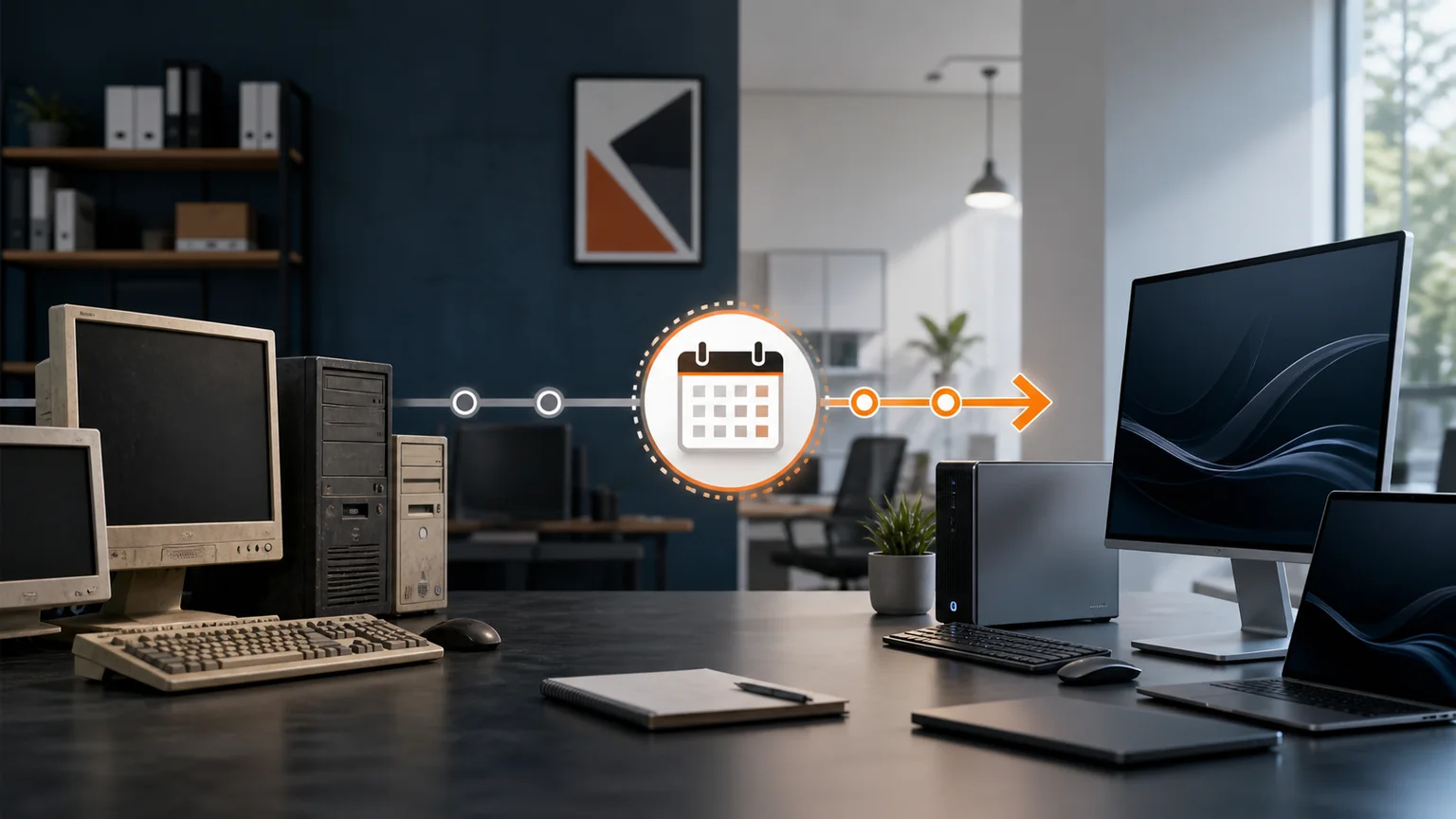 Older business computers transitioning to modern workstations along a technology lifecycle timeline
